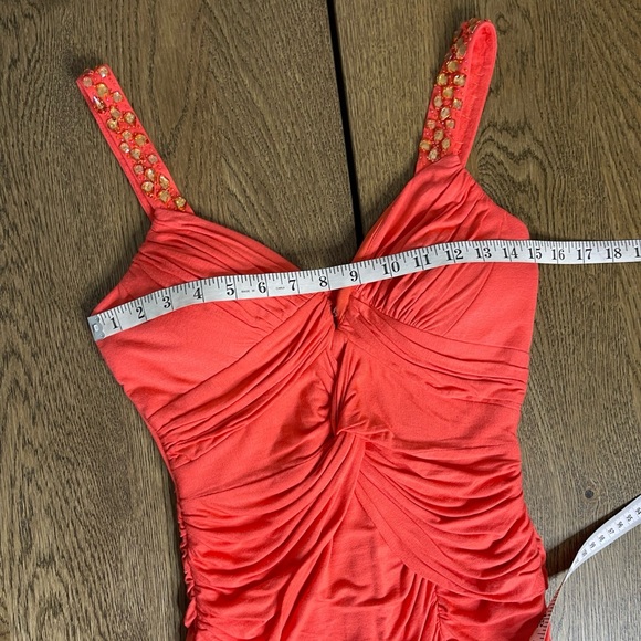 Coral V- Neckline Scrunch Sexy Dress w/Rhinestones Flattering Stretch Size S - Picture 8 of 8